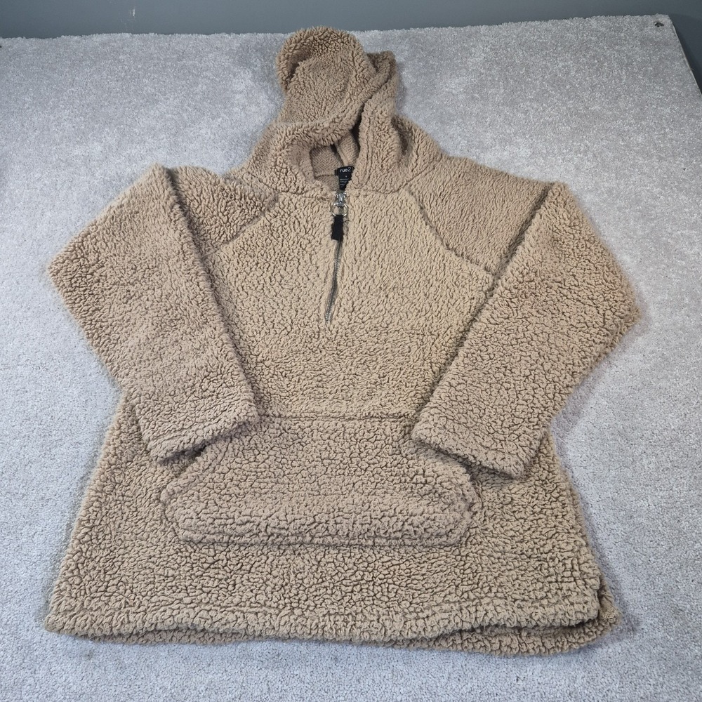 Rue21 Womens Tan Sherpa Fleece Quarter Zip Hoodie Pullover Small Pocket Tan